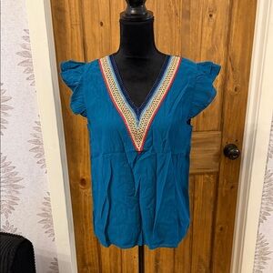 Women's Teal V-Neck Flutter Sleeve Top with Embroidered Trim